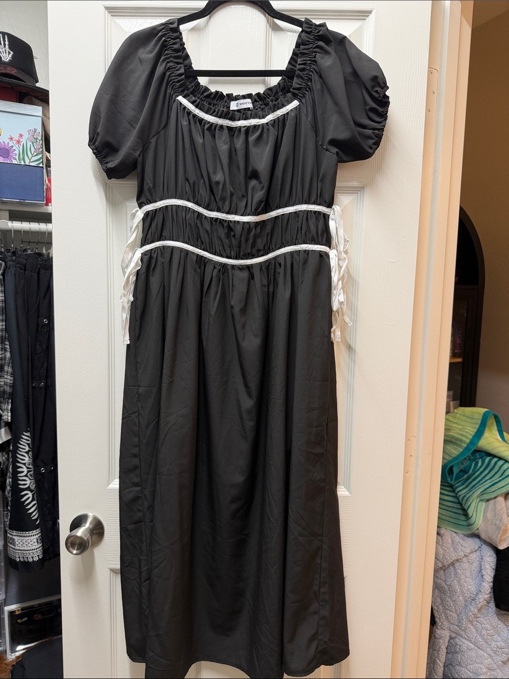 Black Puff Sleeve Dress with White Trim Accents